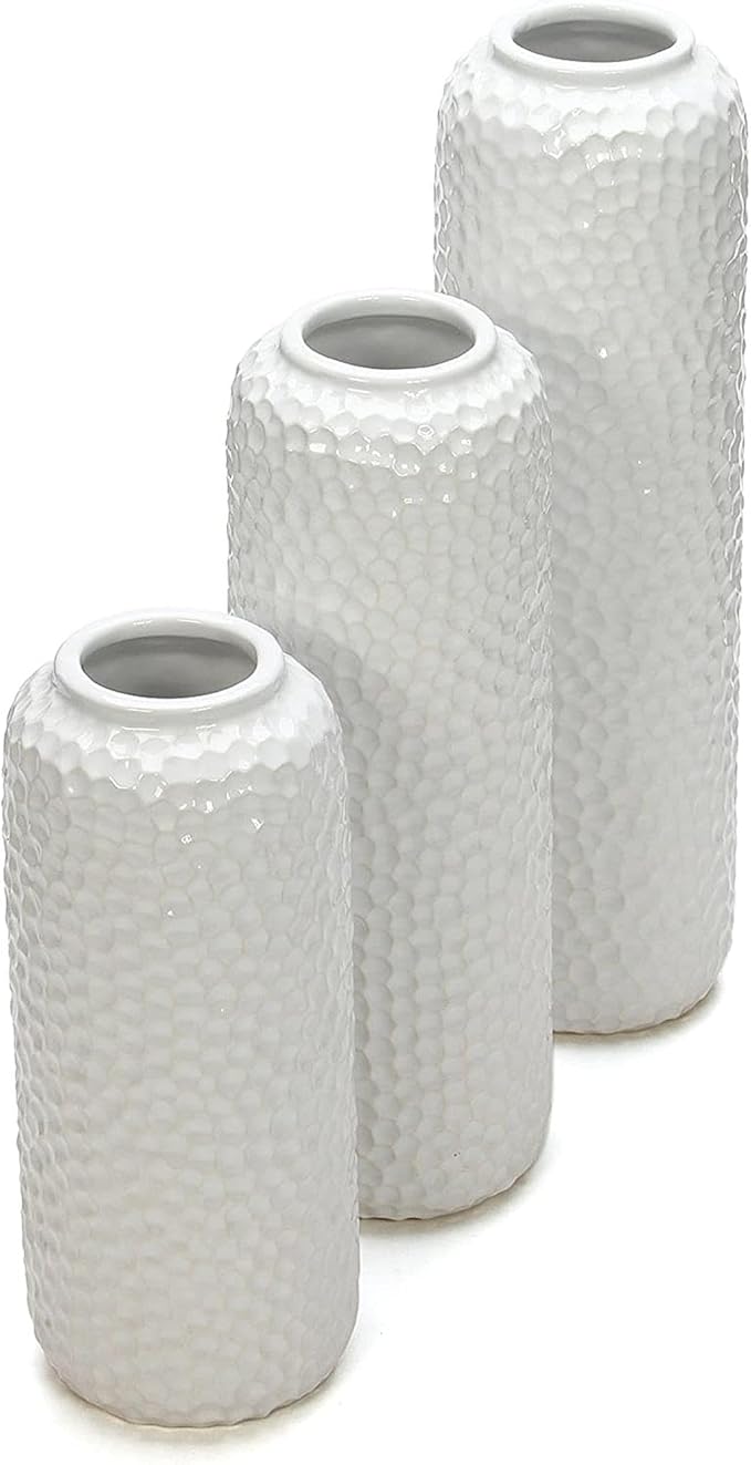 Hosley Set of 3 White Ceramic Honeycomb Vase Tall 12 Inch Medium 10 Inch Short 8 Inch High Each. Ideal Gift for Wedding Special Occasion Dried Floral Arrangements Home Office Spa