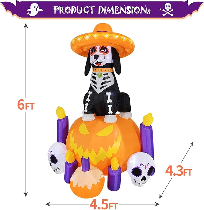 DomKom Halloween Inflatable Blow Up Decorations, Dia de Los Muertos 6FT Day of Dead Catrina Dog with Pumpkin and Candles, Built-in LEDs for Holiday Party, Garden, Lawn, Yard, Patio Décor