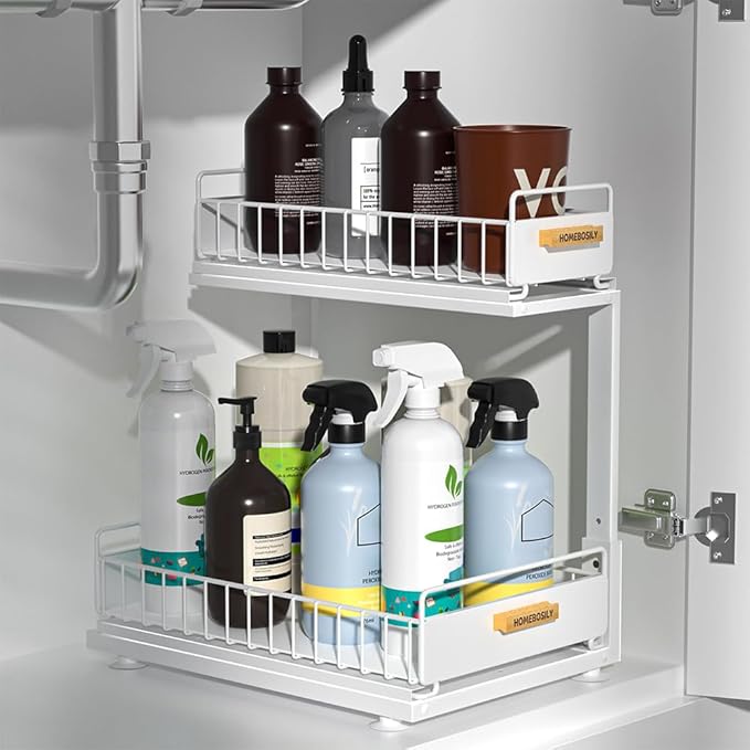 Under Sink Organizer Kitchen, Pull Out Cabinet Organizer 2 Tier Slide Out Sink Shelf Cabinet Storage Shelves, Under Sink Storage for Kitchen Bathroom Cabinet, White, 1 Pack