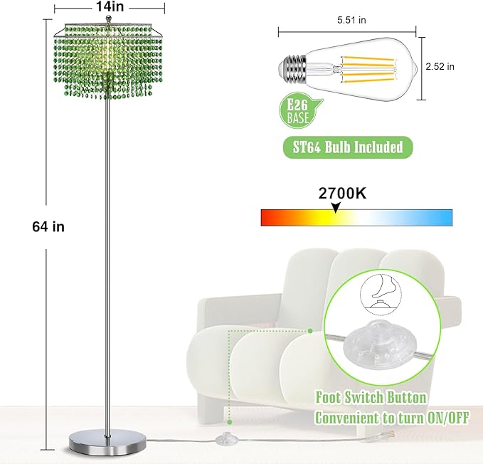 Crystal Floor Lamp, 64" Tall Elegant Standing Lamp with On-Off Foot Switch, Silver Lamp with Green Double-Layer Crystal Lampshade , Standing Lamps for Bedroom, Living Room, Office, 8W Bulb Included