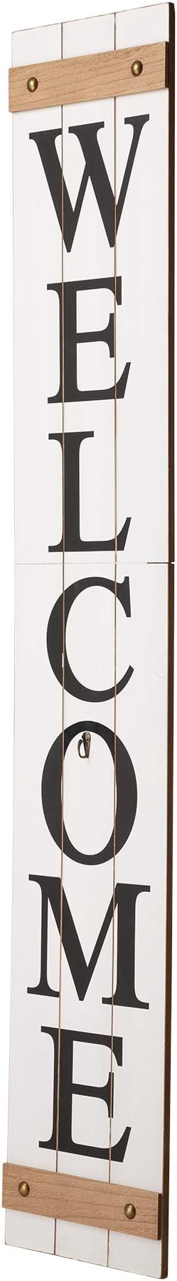 Glitzhome Welcome Sign with 4 Interchangeable Floral Wreaths for Front Door Porch, Farmhouse Wooden Hanging Wall Sign for Seasons Spring Fall Harvest Thanksgiving Christmas, 60”H, White