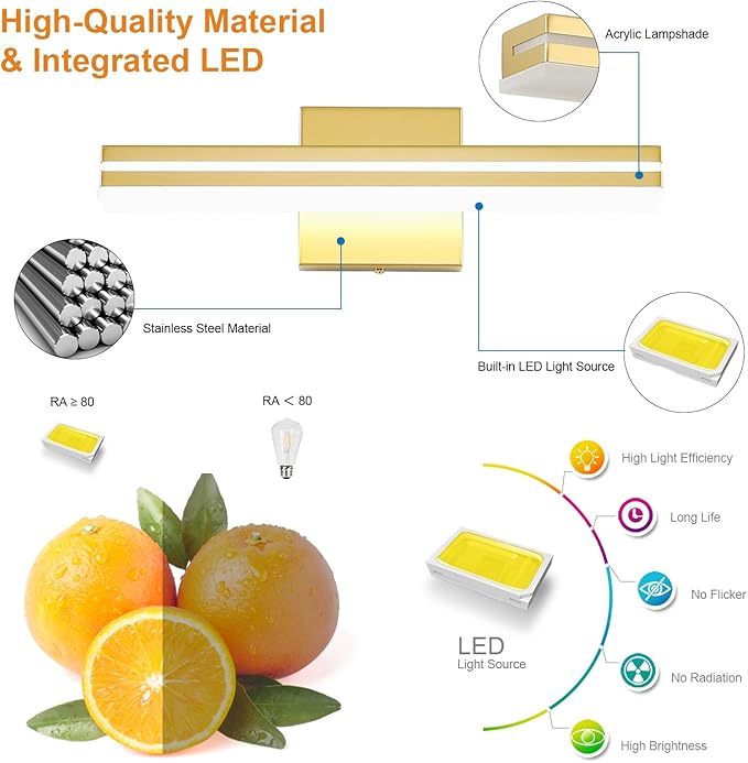 SineRise 16-Inch LED Modern Bathroom Vanity Light Bar, Gold Modern Acrylic Bathroom Wall Lighting Fixtures Over Mirror (Cool White 6000K)