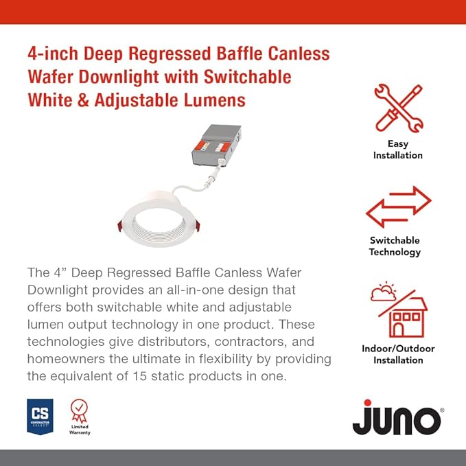 Juno Canless LED Wafer Light, Round Wafer Downlight, 5-in-1 Switchable White Color Temperature, Adjustable Brightness, Deep Regressed Baffled Trim, 4-Inch, White (WF4 Dreg B ALO19 SWW5 90CRI MW M6)