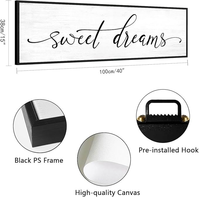 Sweet Dreams Wall Decor Above Bed: 40''×15'' Farmhouse Bedroom Canvas Wall Art Large Framed Sweet Dreams Sign,Modern Guest Room Master Bedroom Picture Black Wall Decorative Hanging Plaque