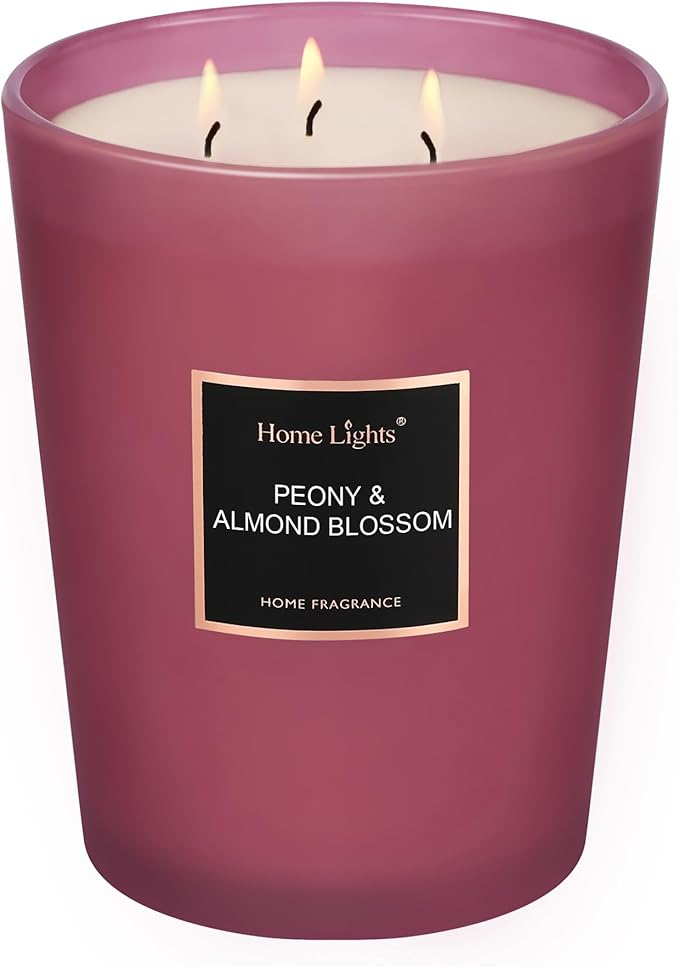 HomeLights Premium Scented Candles - 33.3 oz Natural Soy Wax, Aromatherapy for Home, Long Lasting Smokeless, 130 hrs Burn Time, 3 Cotton Wicks, Gifts for Women & Men - Peony & Almond Blossom