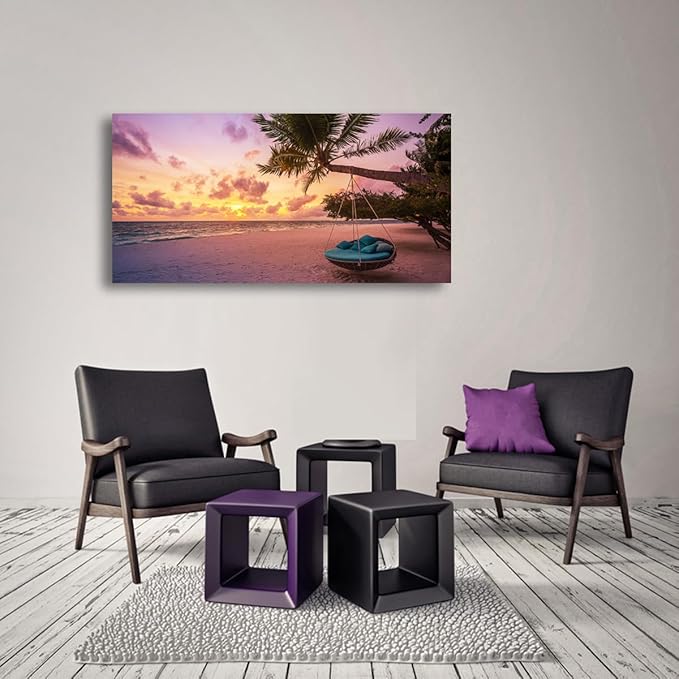 Purple Beach Palm Pictures Canvas Wall Art For Living Room Bedroom Wall Decor,Sunset Wall Art Print Paitnings For Home Decor,Morden Artwork Coconut Tree Canvas Art Ready To Hang-28x57 Inches