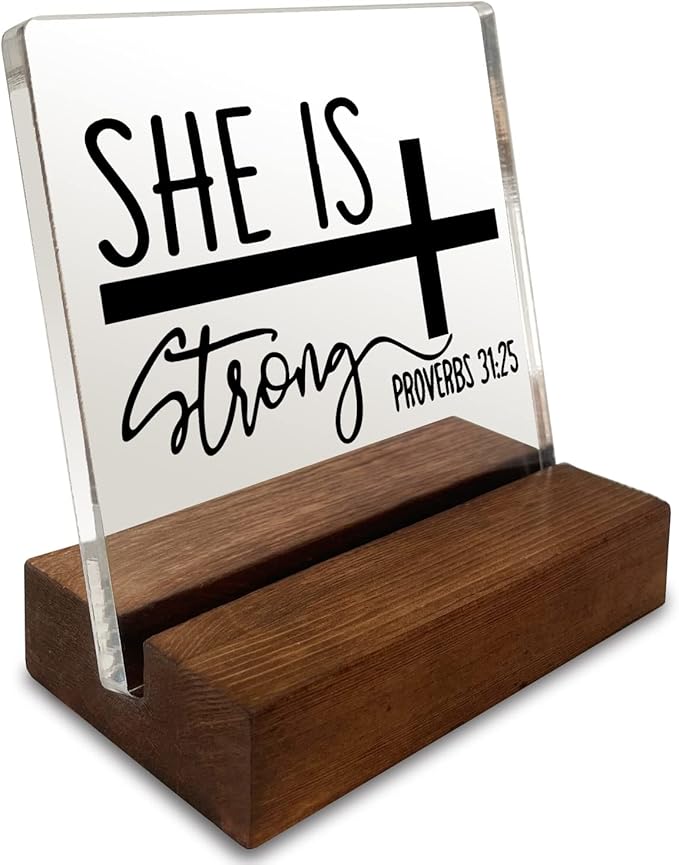 She is Strong Inspirational Quotes Desk Decor Gifts For Women Best Friend Encouragement Office Inspiration Positive Plaque Acrylic With Wooden Stand For Cowoker Motivational Sign For Birthday