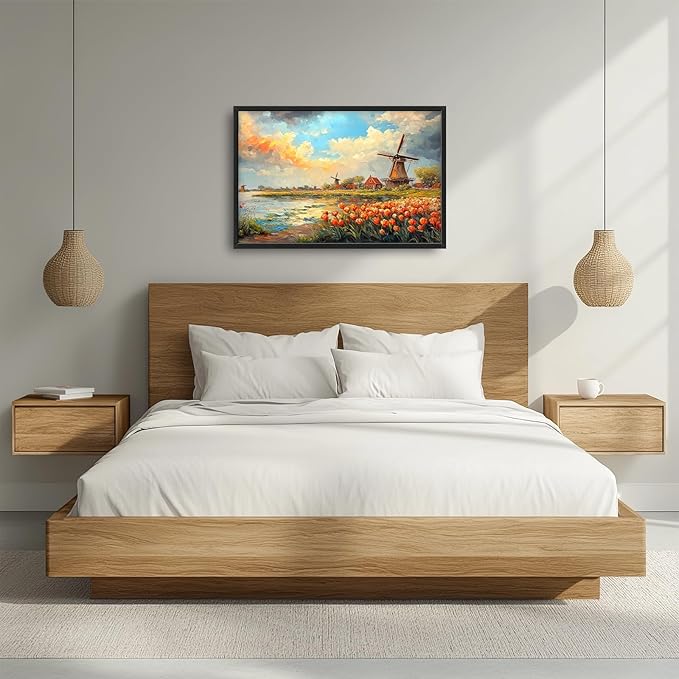 Landscape Framed Wall Art for Living Room, Large Tulips Canvas Wall Decor, Vintage Florals Pictures Painting, Farmhouse Artwork for Bathroom Bedroom 36L'' × 24W''