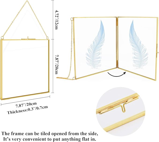 TLBTEK 8x8 inch Brass Hanging Photo Frame,Double Glass Frame for Pressed Flowers,Clear DIY Vintage Artwork Display Frame Wall Mounted Photos Frame