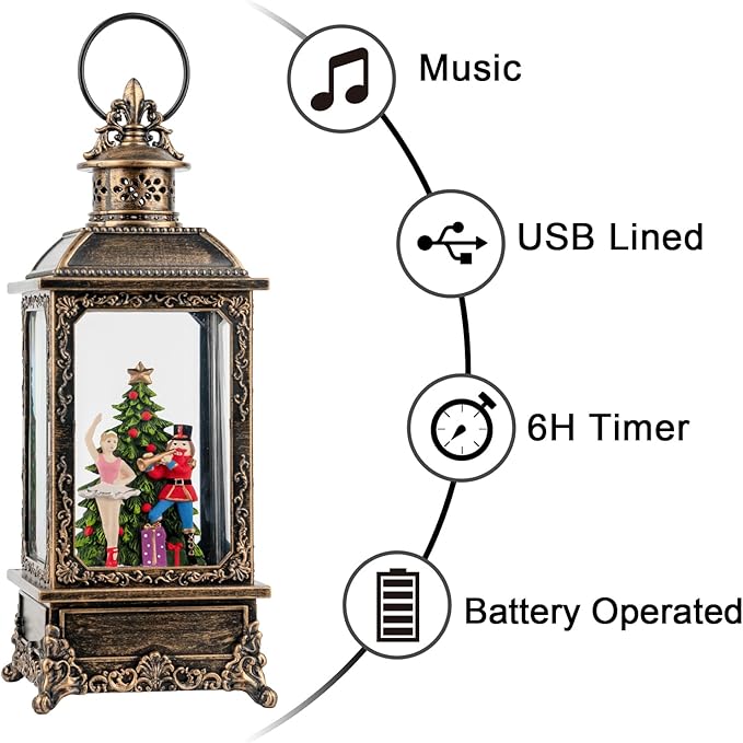 Christmas Snow Globe Lantern Water Glittering Nutcracker Ballerina with Music & Timer, USB Lined/Battery Operated Lighted Lantern for Christmas Festival Decoration Gifts