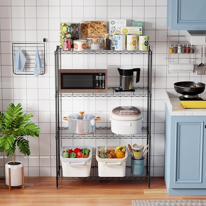 PayLessHere 4 Tier Shelving Unit 13.4" D× 35W×53.7" H Metal Shelving Standing Storage Shelf with 4 Steel Frame Adjustable Layer Racks Metal Commercial Shelf for Kitchen, Garage (Black)