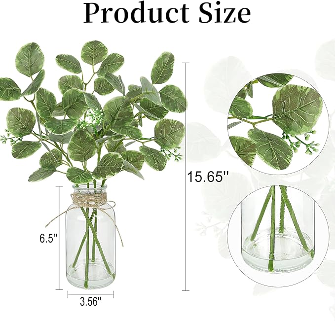Fake Plants Eucalyptus Stems in Glass Vase with Faux Water, Artificial Plants Eucalyptus Leaves for Shelf Desk Bathroom Farmhouse Coffee Table Home Decor