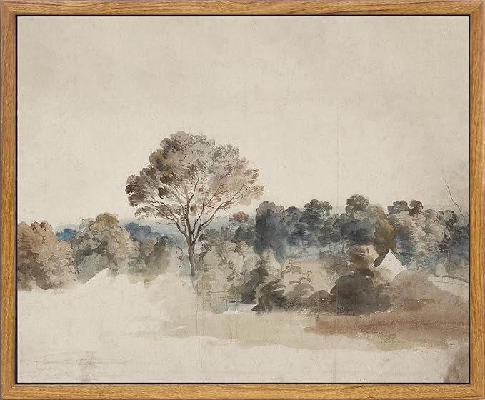 KBKBART Framed Vintage Neutral Wall Art Prints, Antique Rustic Muted Landscape Canvas Painting, Retro Countryside Nature Wilderness Illustrations Farmhouse Decor, Neutral Vintage Decor Ready To Hang