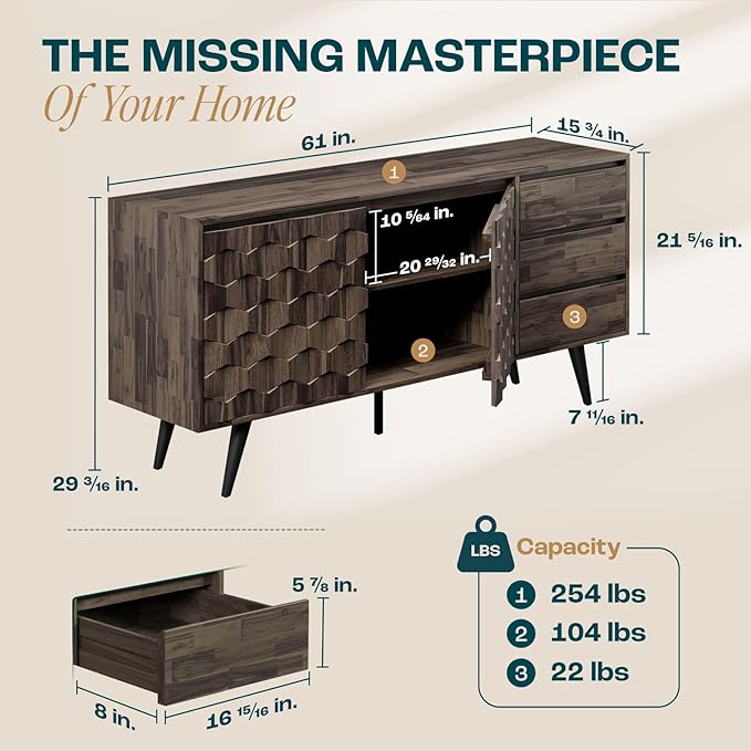 Bme Georgina Solid Wood Sideboard with Geometric Pattern, 2 Doors and 3 Drawers, 61 Inch Mid Century Modern Sideboard Cabinet for Kitchen, Dining Room, Living Room, Mocha