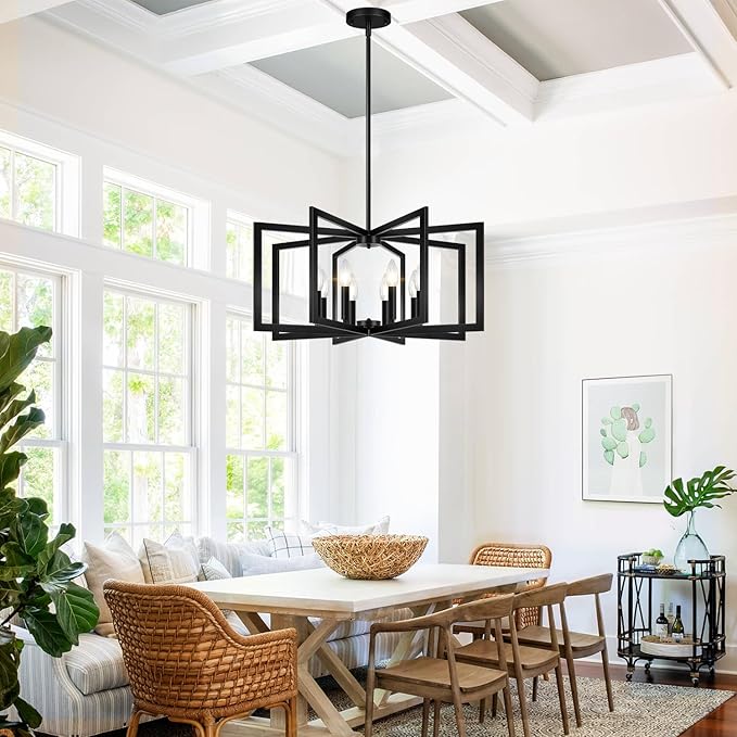 28" Modern Large Black Chandelier for Dining Room (8-Light, 28-Inch), Geometric Black Dining Room Light Fixture Over Table, Industrial Metal Hanging Pendant Lights for Kitchen Island, Entryway, Foyer