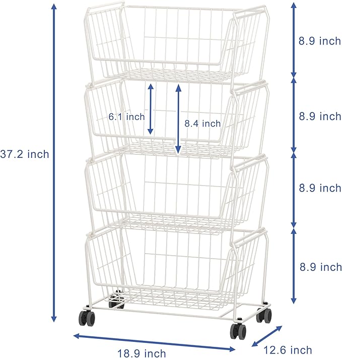 PUSDON Stackable Metal Storage Carts, Dual Use Shelf for Kitchen Fruit Vegetable Baskets with Wheels, Storage Rack for Living Room, Home & Office, Plus White 4 Tiers