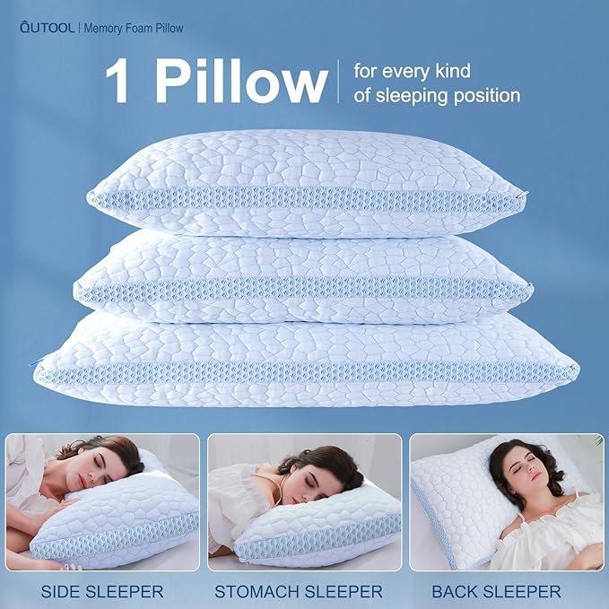 QUTOOL Enhanced Cooling Pillows for Sleeping, Shredded Memory Foam Pillows 2 Pack, Bed Pillows Standard Size Set of 2, Support Yet Soft Pillow for Side, Back Sleepers