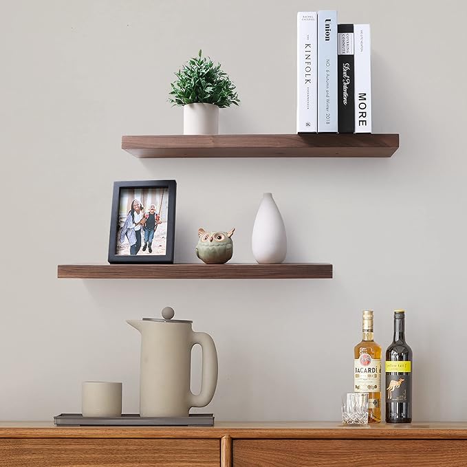 Axeman Walnut Floating Shelves for Wall - 24 Inch Wide x 6 Inch Deep Solid Walnut Wood Shelves Set of 2 - Natural Wooden Shelves for Room Wall Decor