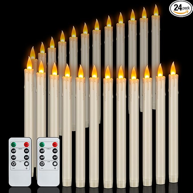Flameless Taper Candles 10" Dripless Battery Operated Taper Candles Included Remote Timer 400+ Hours by 2AA Batteries for Halloween Christmas Wedding (Ivory Drip, 24 Pack)