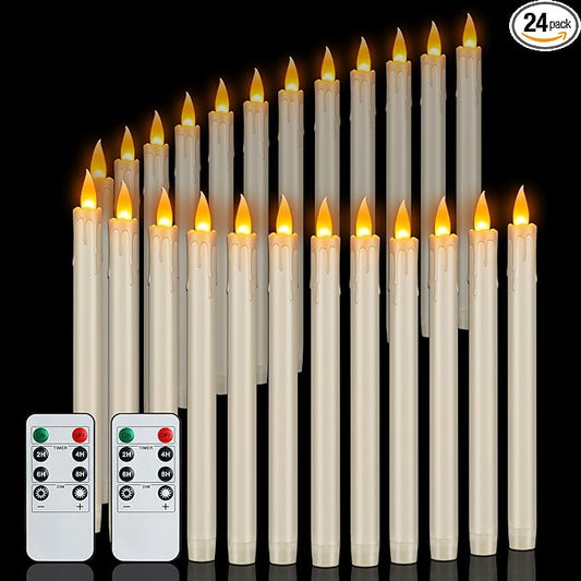 Flameless Taper Candles 10" Dripless Battery Operated Taper Candles Included Remote Timer 400+ Hours by 2AA Batteries for Halloween Christmas Wedding (Ivory Drip, 24 Pack)