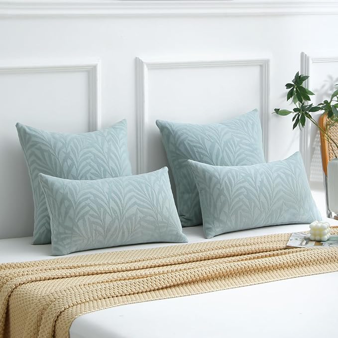 FUTEI Baby Blue Decorative Throw Pillow Covers 16x16 Inch Set of 2,Soft Chenille Phoenix Tail Leaf Textured Cushion Case,Modern Home Decor for Couch Bed Living Room