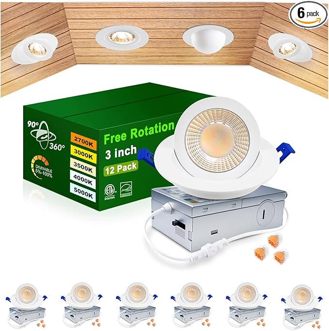 zouzai 5CCT LED Gimbal Led Recessed Light with Junction Box, 360°+90° Adjustable Directional Eyeball Lighting, Dimmable, 2700K/3000K/3500K/4000K/5000K,ETL&Energy Star (White 6 Pack, 3 inch)