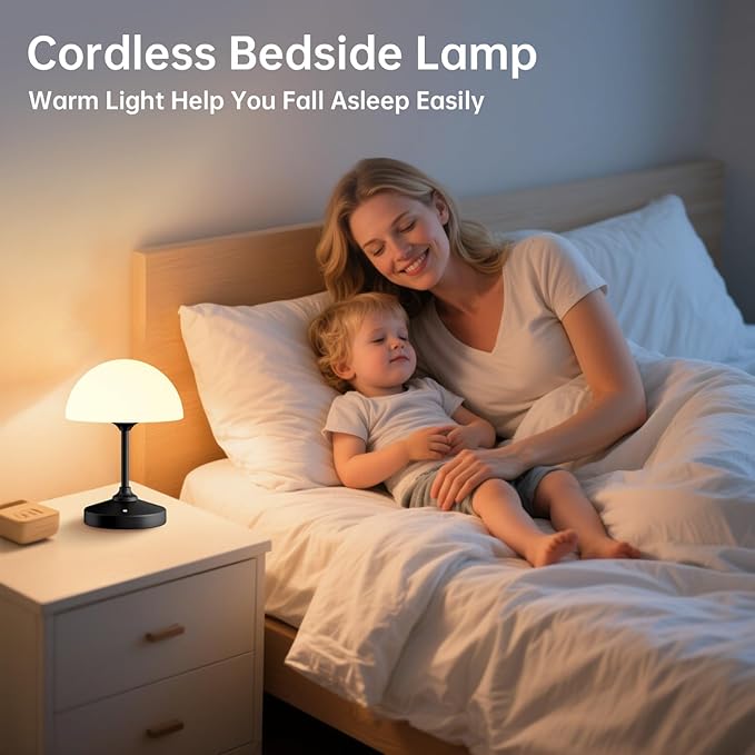 Mushroom Lamp Table Lamp Waterproof,Desk Cordless Battery Operated Lamps for Bedroom,Outdoor Cordless Rechargeable Table Lamps for Night Stands,5000mAh LED Night Light for Living Room(Black)