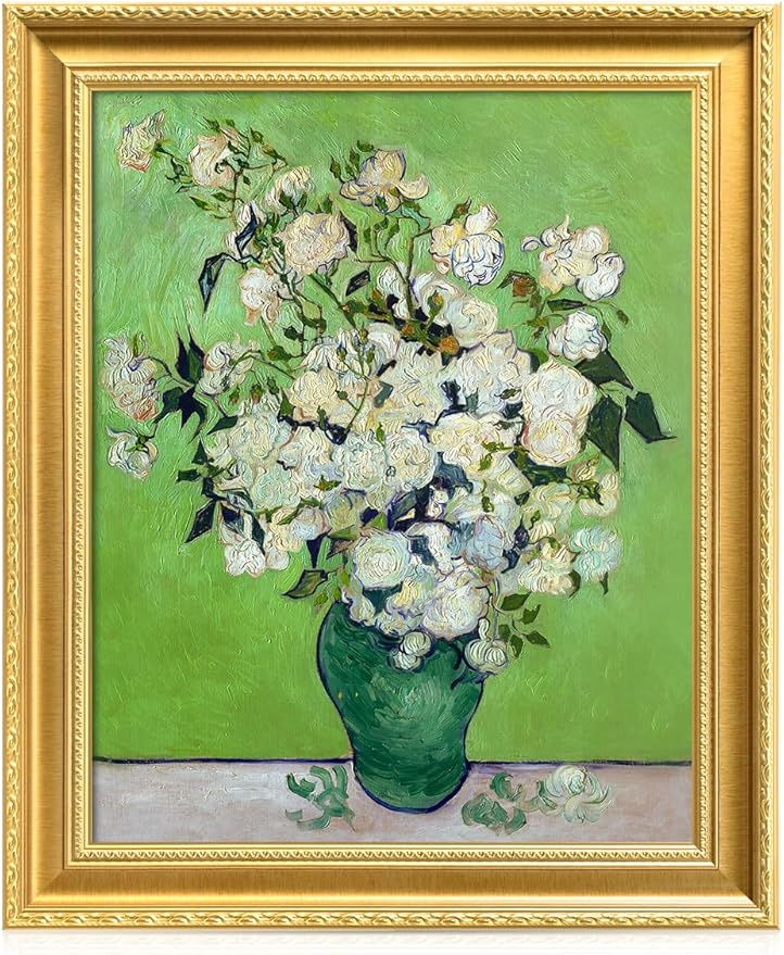 DECORARTS - Pink Roses in a Vase by Vincent Van Gogh. Giclee Print on Acid-Free Canvas in Gold Solid Wood Frame. Picture Size: 16x20, Total Size: 24.75x20.75, Made in USA