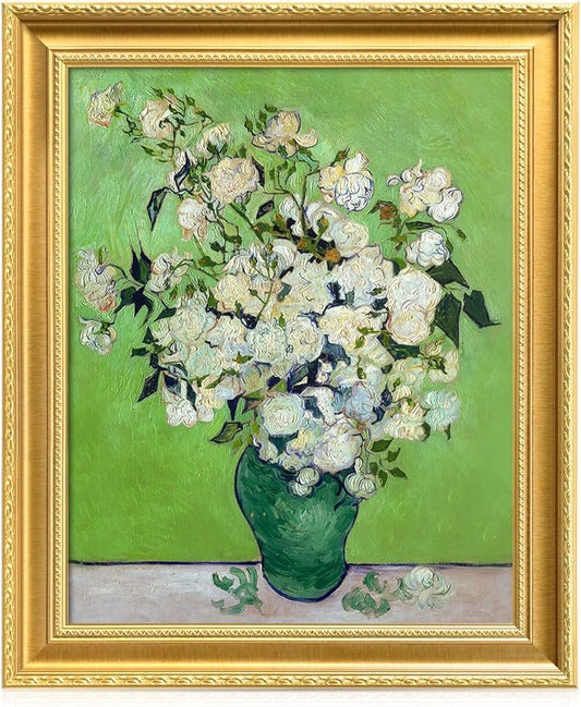 DECORARTS - Pink Roses in a Vase by Vincent Van Gogh. Giclee Print on Acid-Free Canvas in Gold Solid Wood Frame. Picture Size: 16x20, Total Size: 24.75x20.75, Made in USA