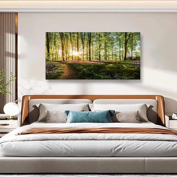 Green Forest Wall Art for Living Room Bedroom Office Large Landscape Nature Tree of Life Canvas Wall Art Kitchen Sunlight Grass Purple Flower Pictures Modern Wall Decor Paintings Artwork 20 * 40inch