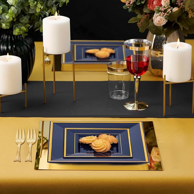 WDF 200PCS Blue Plastic Dessert Plates with Plastic Forks -6’’ 100 Square Disposable Appetizer Plates Small Cake Plates with Gold&100 Navy Blue Small Appetizer Forks