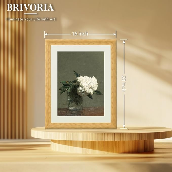 Brivoria Framed Canvas Wall Art Vintage Decor, White Roses in Glass Vase Realist Still Life Floral Print with Dark Olive Background for Living Room Dining Room Office Gallery Wall Decor, 16"x20"
