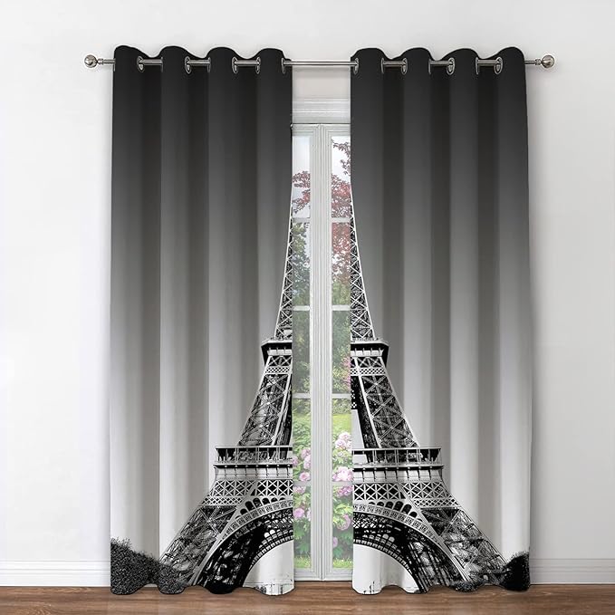 Jekeno Paris Eiffel Tower Blackout Curtains Paris Landmark Picture of Famous Place Cityscape Scene Decor for Bedroom Living Room Grommet Window Drapes 2 Panel Set, 42"x84"