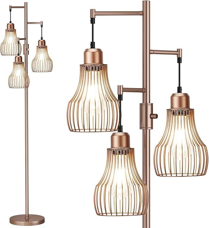 Dimmable Floor Lamps for Living Room, Industrial Tree Standing Tall Lamps with 3 Elegant Cage Shade & 800 Lumens LED Bulbs for Bedroom Office - Brown