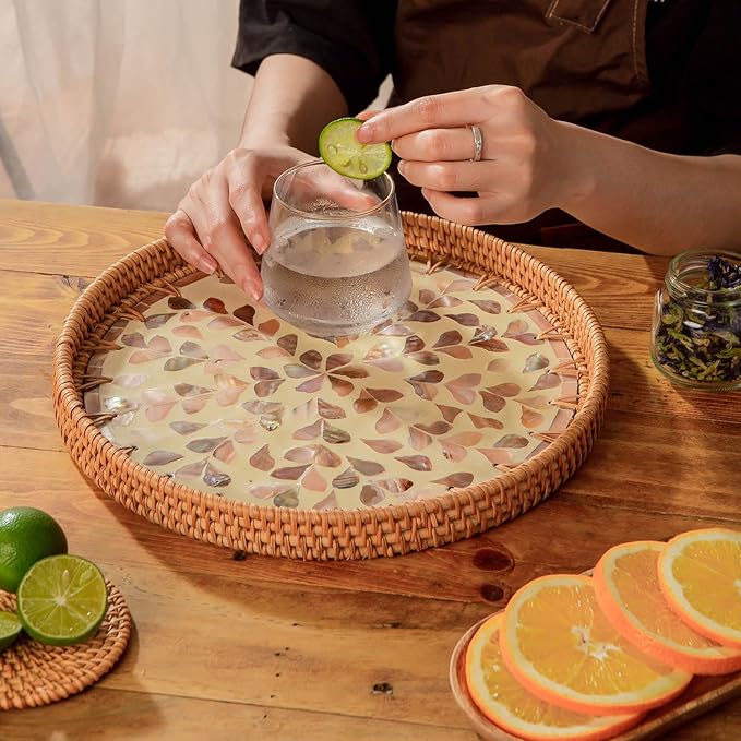 11.81" Round Rattan Mother Pearl Inlay Tray |Decorative Wooden Base for Fruit Serving, Coffee Table, Storage and Display Organizer (Brown Heart)