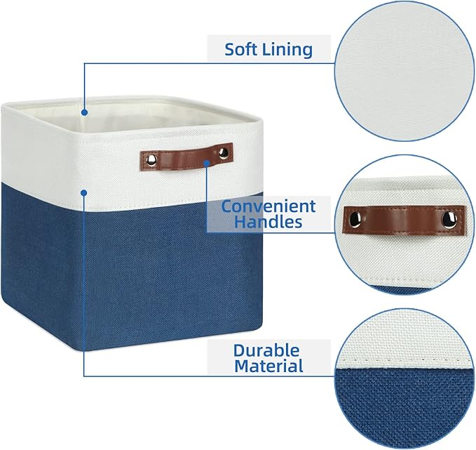 Temary Fabric Storage Cubes 4Pack Blue Fabric Storage Baskets 12 Inch Cube Storage Bins with Handles for Organizing Closet (White&Blue)