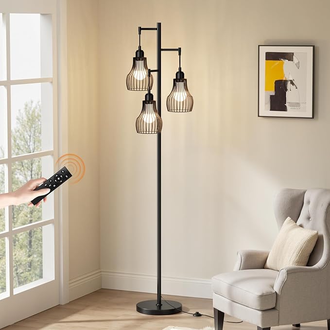 Dimmable Floor Lamps for Living Room, Farmhouse Tree Standing Tall Lamp with Remote Control 3 Elegant Cage Shade LED Bulbs for Bedroom Office - Black