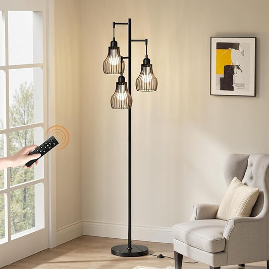 Dimmable Floor Lamps for Living Room, Farmhouse Tree Standing Tall Lamp with Remote Control 3 Elegant Cage Shade LED Bulbs for Bedroom Office - Black