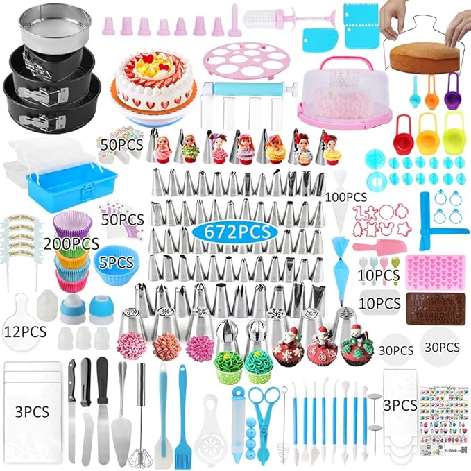 Cake Decorating Kit, 672 Pcs Cake Decorating Supplies With Cake Carrier Holder Springform Pan Sets 3-Layer Toolbox Organizer Icing Piping Nozzles Cake Rotating Turntabl Baking Supplies Set Tools
