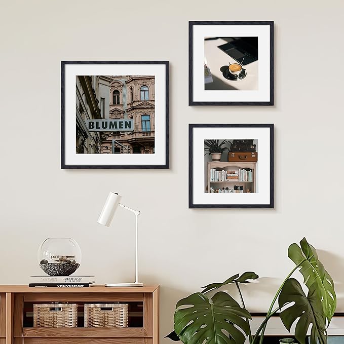 Black 12x12 Picture Frame Set of 2, High-End Oak Wood Frame 12 x 12 for Wall, Square Wooden 12 by 12 Gallery Frames Set, 12x12 Frame Matted to 8x8, Real Glass 12 x 12 Frames