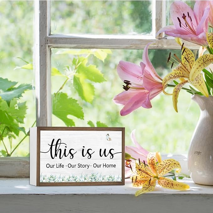 This is Us Wooden Box Sign Desk Decor,Rustic Family Saying Wood Block Sign for Home Farmhouse Bedroom Shelf Tabletop Wall Decor