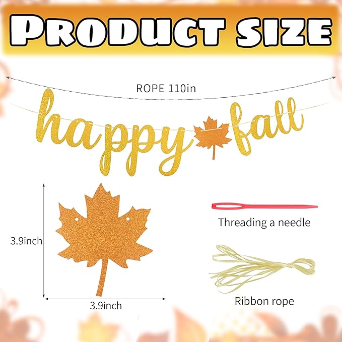 Totelux Happy Fall Banner Decoration Glitter Maple Leaf Sign Gold Orange Autumn Hanging Banner for Wall Home Office Decor Thanksgiving Party Supplies