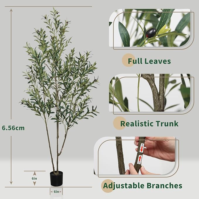 Faux Olive Tree 6.56ft(78in) Tall Artificial Plant Indoor Decor Large Realistic Potted Fake Modern Greenery with Natural Wood Branches and Green Leaves for Home Living Room,Bedroom,Office Decor