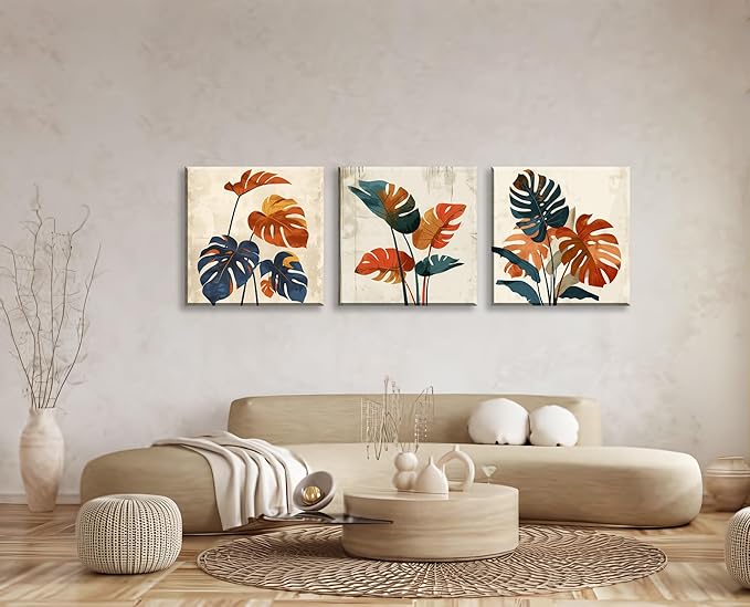 NAN Wind 3Pcs Modern Mid-century Abstract Tropical Monstera Leaf Canvas Art Orange and Blue Botanical Wall Print Minimalist Wall Decor Tropical Leaves Framed Wall Art for Contemporary Home Decor