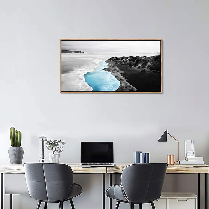 YCPRIMER Blue Beach Wall Art - Black And White Coastal Picture Ocean Seascape Canvas Wall Decor Sea Wave Paintings Modern Pastels Artwork for Living Room Bedroom Dinning Room Office Framed Decoration Size 20x40Inch