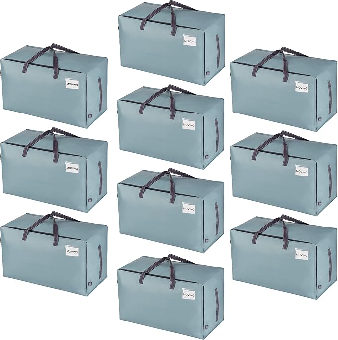 VENO 10 Pack Moving and Storage Bags, Heavy Duty, Alternative to Moving Boxes, Large Packing Totes Supplies for College Dorm Room with Zipper for Clothes, Wide Open Design (Light Blue Matte, 10 Pack)