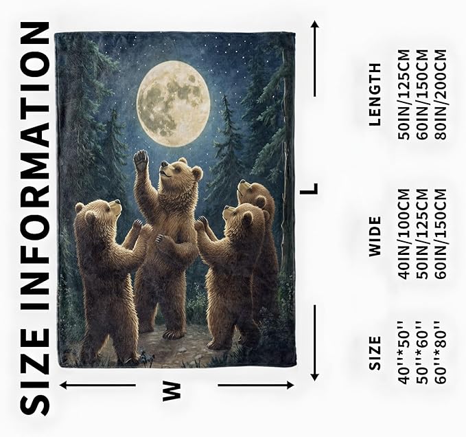 Dancing Bear Blanket, Cozy Flannel Bear Family in Moonlight Throw Blanket, Soft Fuzzy Blankets for Travel Home Decor, All Season Lightweight Couch Bed Cover, Gifts for Women Adults Kids 60"×80"