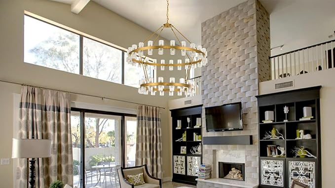 48 Inch Gold Wagon Wheel Chandelier with Crystal Shade, 2 Tier 80 Lights, Modern Farmhouse Style, Ideal for Dining Room, Kitchen, Entryways