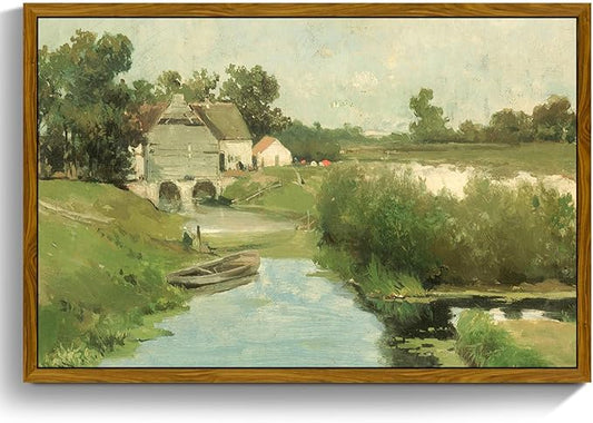 crmotu Vintage Framed Wall Art, Countryside Landscape Canvas Painting, River Cottage Green Scenery Art Prints, Bridge Boat Nature Rustic Farmhouse Wall Decor Living Room Bedroom Pictures 20x30in