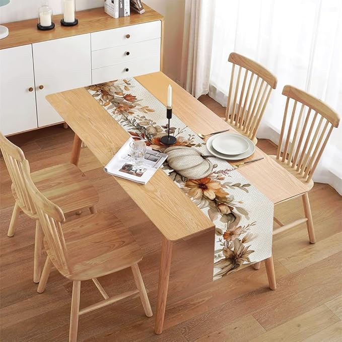 ANNA QUEEN Fall Pumpkin Leaf Table Runner 13 x 72 Inch for Dining Table, Table Runner for Seasonal Autumn Kitchen Dining Table Decoration for Home Party Decor Thanksgiving Harvest